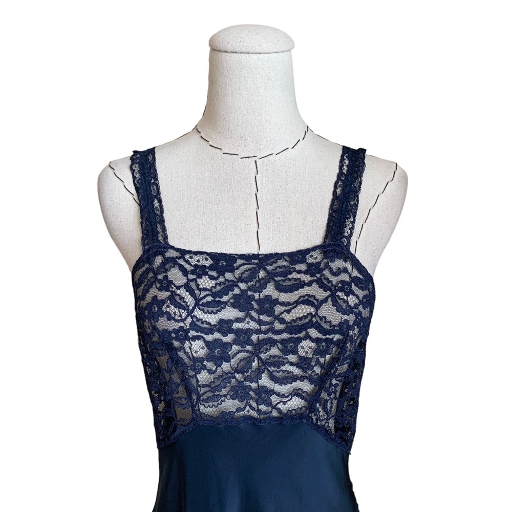 Vintage 30s 40s Navy Lace Slip Lingerie Boudouir Peignoir - Picture 2 of 11